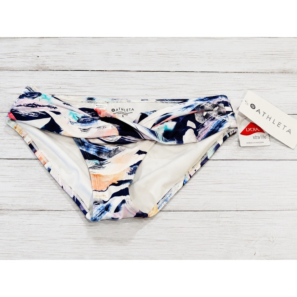 Athleta Vivid Twist‎ Bikini Bottoms Women's Small NWT White Abstract Swim Bottom